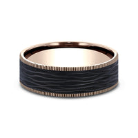 The Cinder Men's Wedding Band in 14K Rose Gold and Forged Carbon Fiber - 7.5mm Width by Ammara Stone
