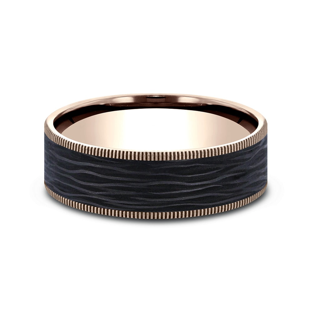 The Cinder Men's Wedding Band in 14K Rose Gold and Forged Carbon Fiber - 7.5mm Width by Ammara Stone