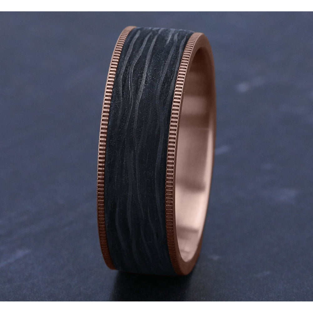 The Cinder Men's Wedding Band in 14K Rose Gold and Forged Carbon Fiber - 7.5mm Width by Ammara Stone