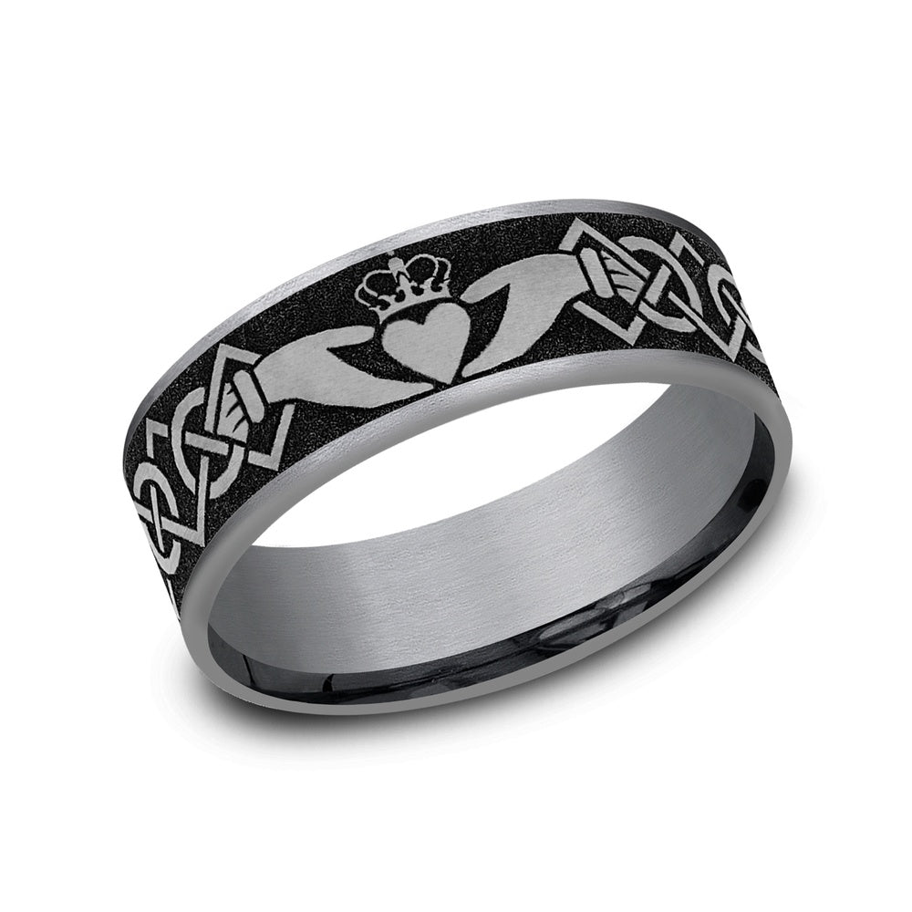 The Claddagh Men's Wedding Band in Grey Tantalum and Grey/Black Titanium - 7.5mm Width by Tantalum