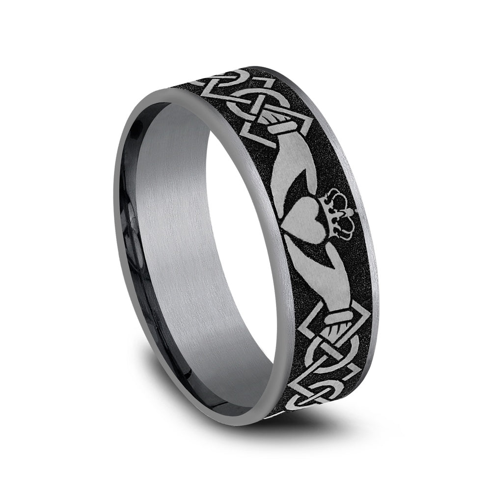 The Claddagh Men's Wedding Band in Grey Tantalum and Grey/Black Titanium - 7.5mm Width by Tantalum