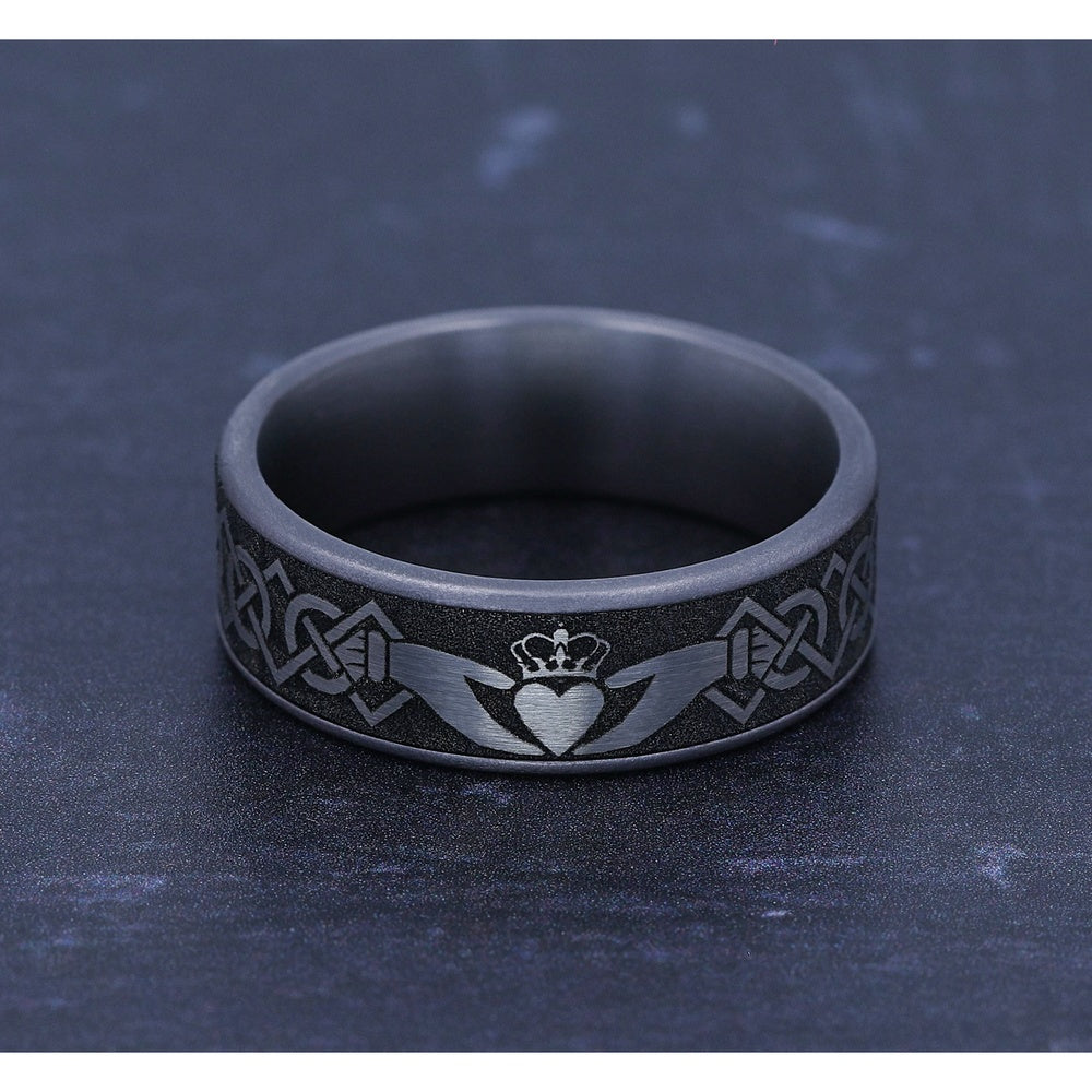 The Claddagh Men's Wedding Band in Grey Tantalum and Grey/Black Titanium - 7.5mm Width by Tantalum