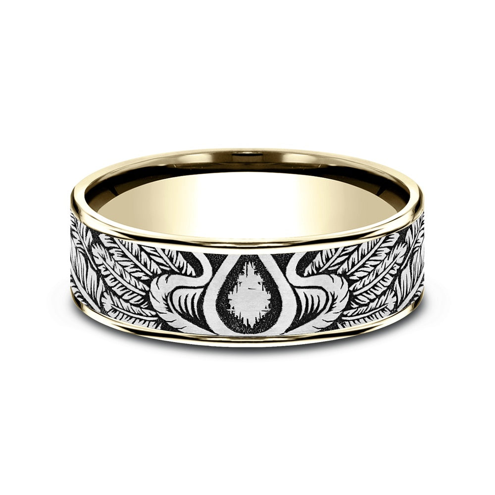 The Comanche Men's Wedding Band in 14K Yellow Gold and Grey/Black Titanium - 7.5mm Width by Ammara Stone