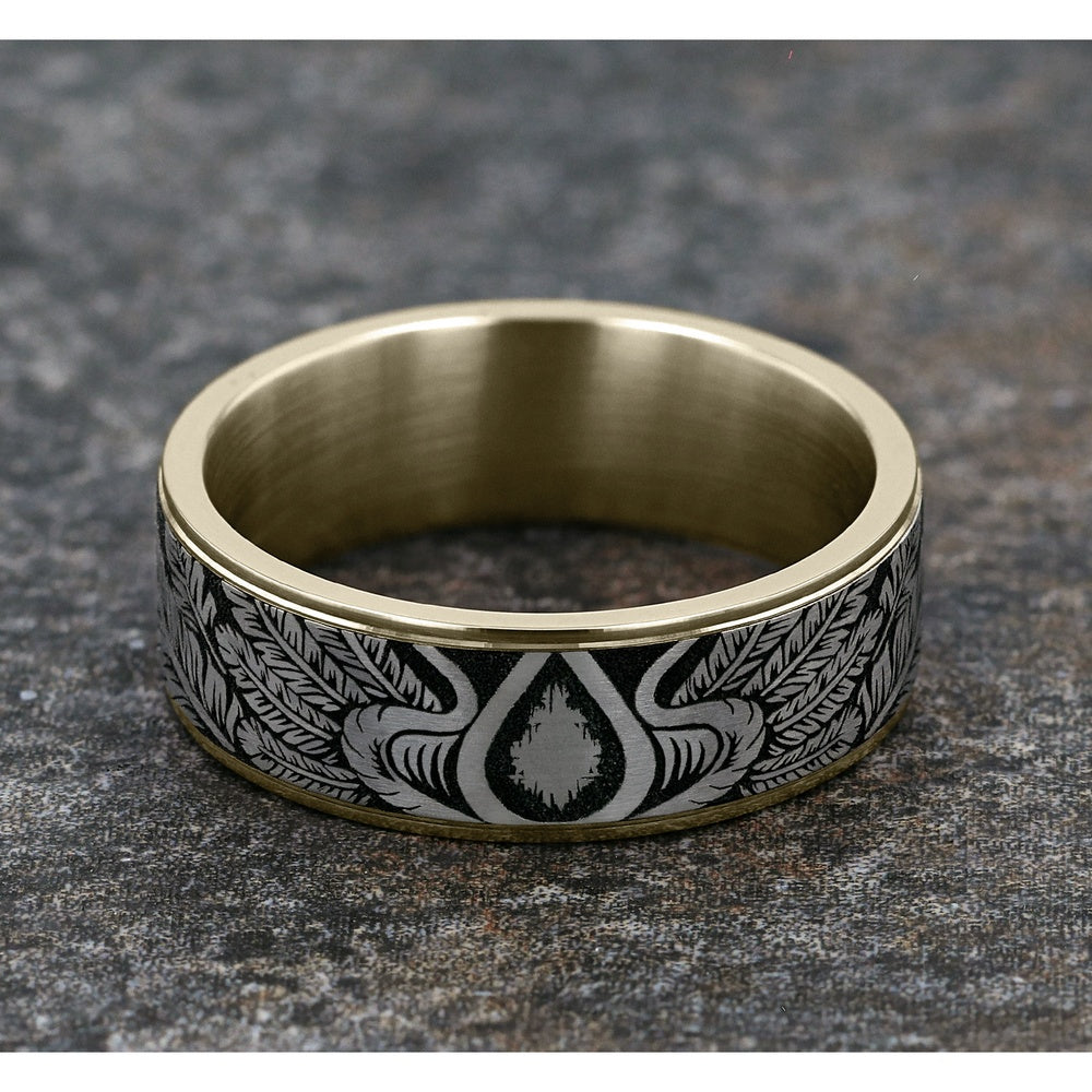 The Comanche Men's Wedding Band in 14K Yellow Gold and Grey/Black Titanium - 7.5mm Width by Ammara Stone