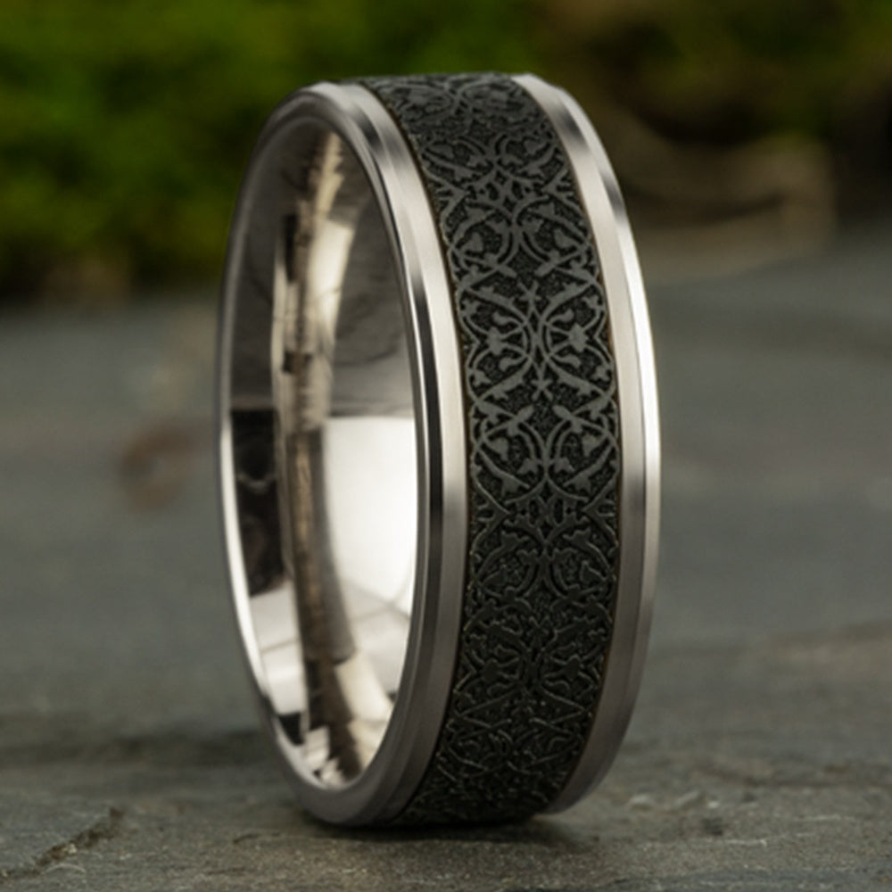The Conquerer Men's Wedding Band in 14K White Gold and Black Titanium - 8mm Width by Ammara Stone