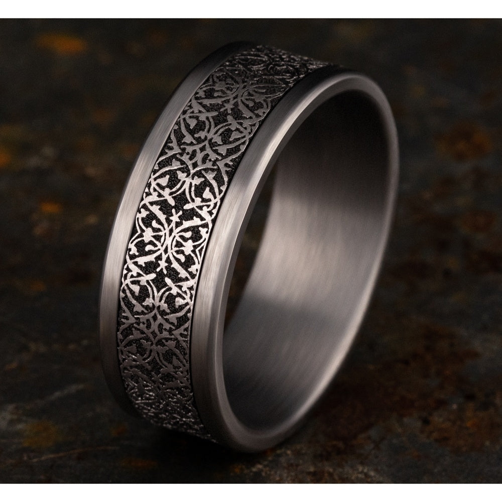 The Conquerer Men's Wedding Band in Grey Tantalum and Grey/Black Titanium - 8mm Width by Tantalum