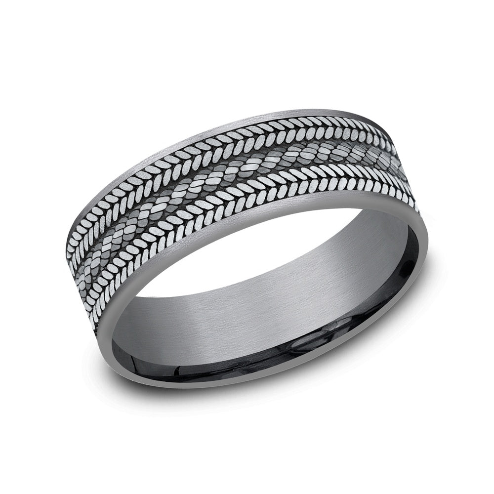 The Cordovan Men's Wedding Band in Grey Tantalum and 14K White Gold - 7.5mm Width by Ammara Stone