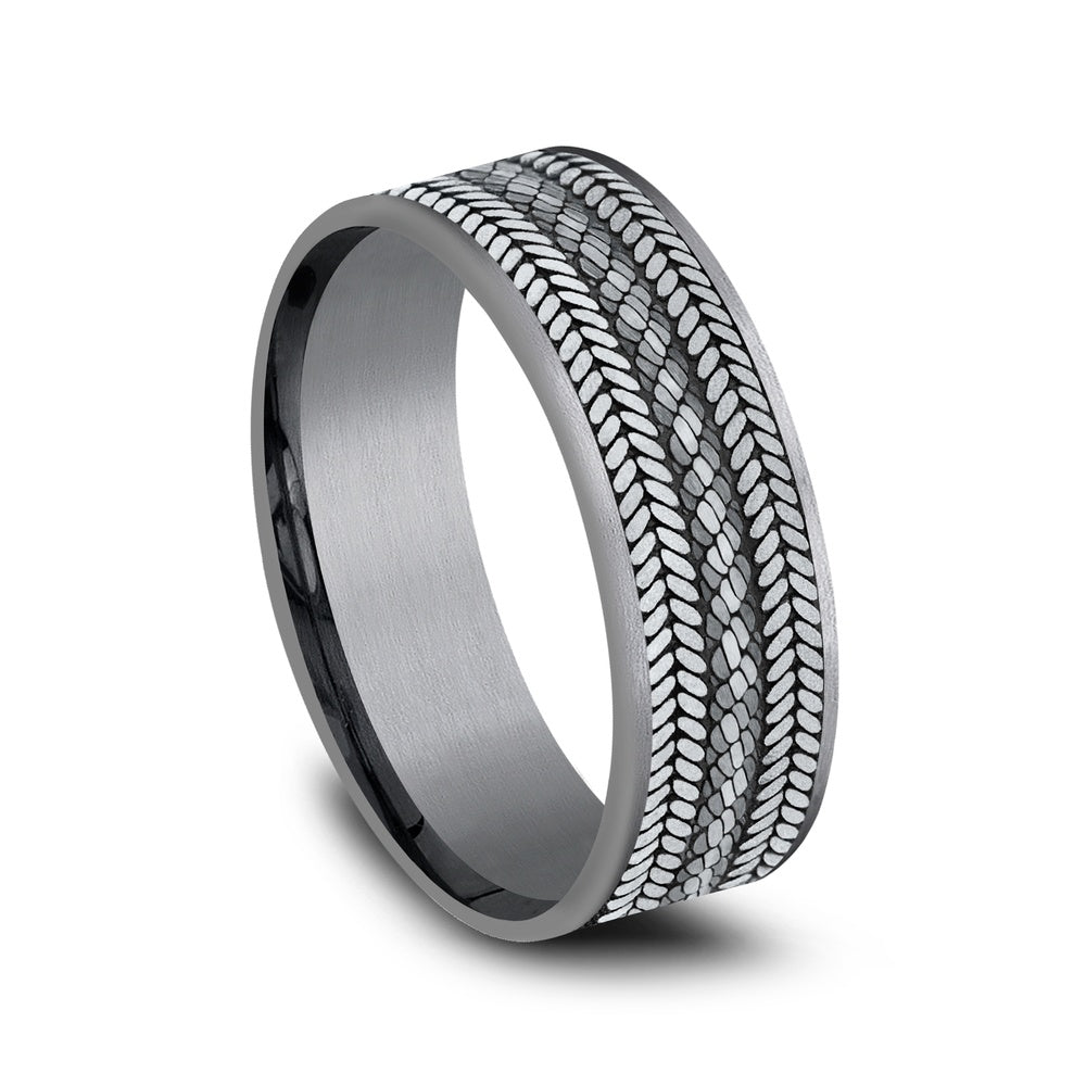 The Cordovan Men's Wedding Band in Grey Tantalum and 14K White Gold - 7.5mm Width by Ammara Stone