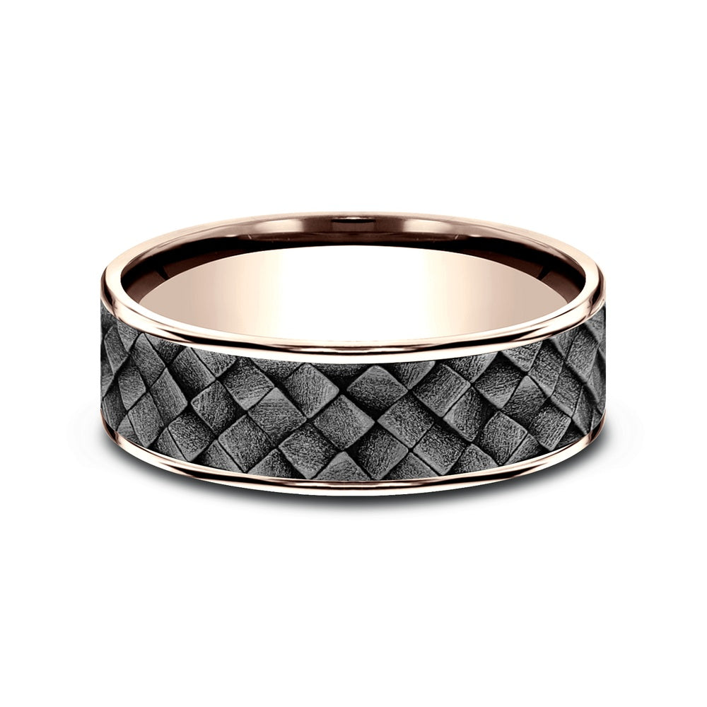 The Cross Hatch Men's Wedding Band in 14K Rose Gold and Grey Tantalum - 7.5mm Width by Ammara Stone