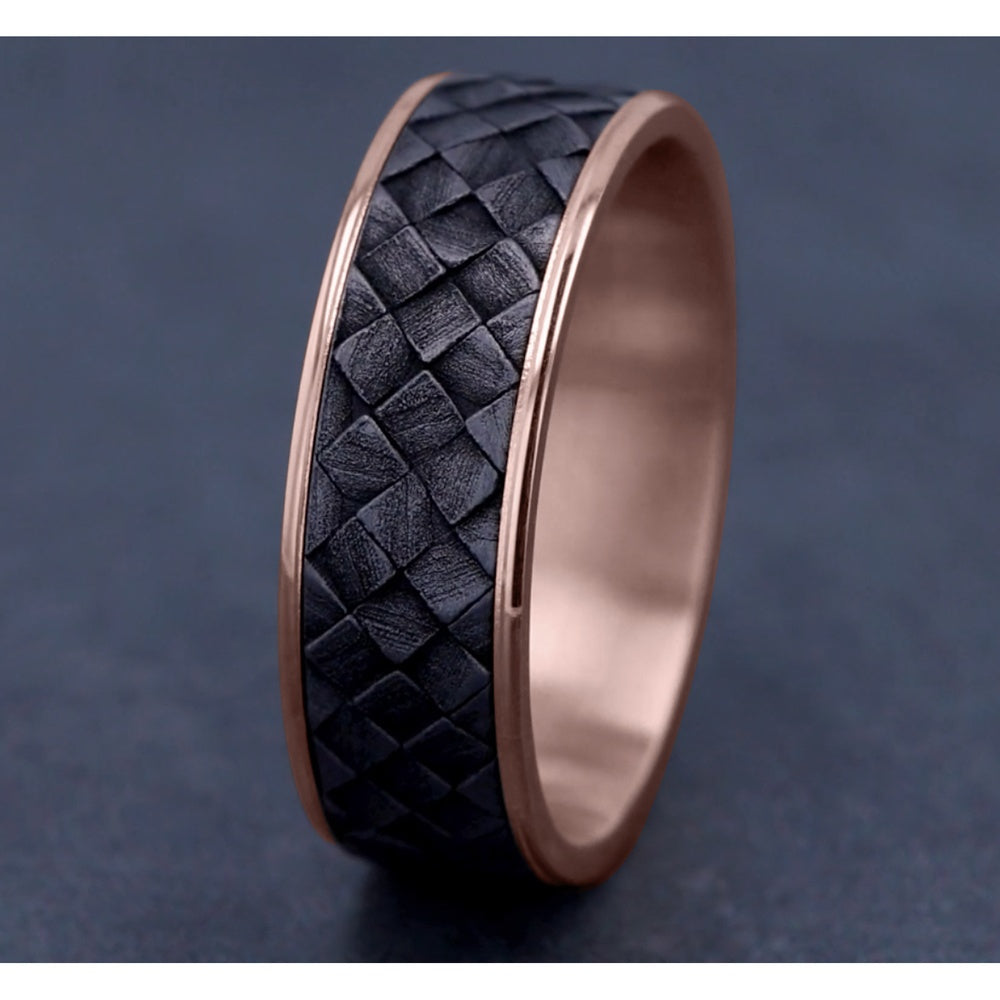 The Cross Hatch Men's Wedding Band in 14K Rose Gold and Grey Tantalum - 7.5mm Width by Ammara Stone
