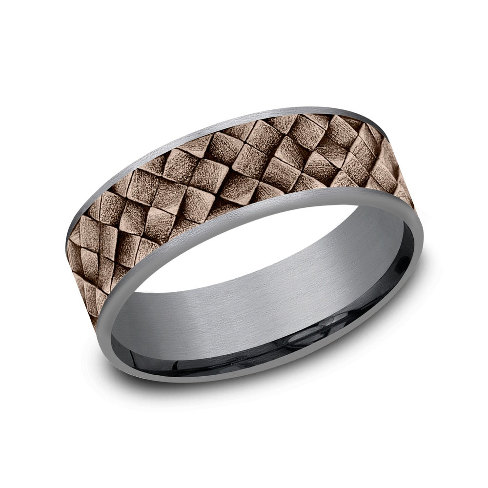 The Cross Hatch Men's Wedding Band in Grey Tantalum and 14K Rose Gold - 7.5mm Width by Ammara Stone