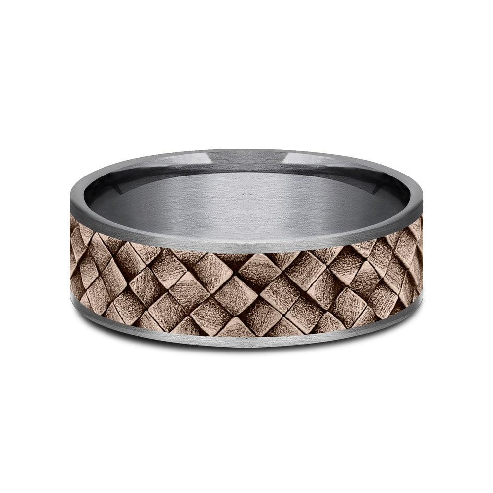 The Cross Hatch Men's Wedding Band in Grey Tantalum and 14K Rose Gold - 7.5mm Width by Ammara Stone