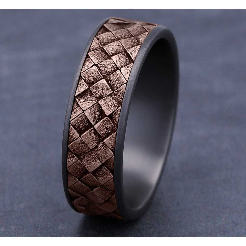The Cross Hatch Men's Wedding Band in Grey Tantalum and 14K Rose Gold - 7.5mm Width by Ammara Stone