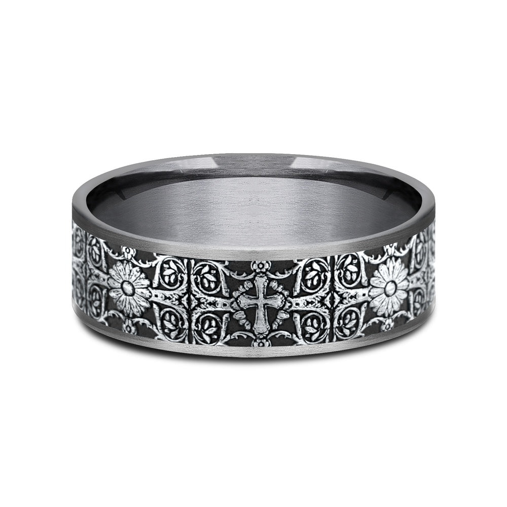 The Cross Tiles Men's Wedding Band in Grey Tantalum and 14K White Gold - 7.5mm Width by Ammara Stone