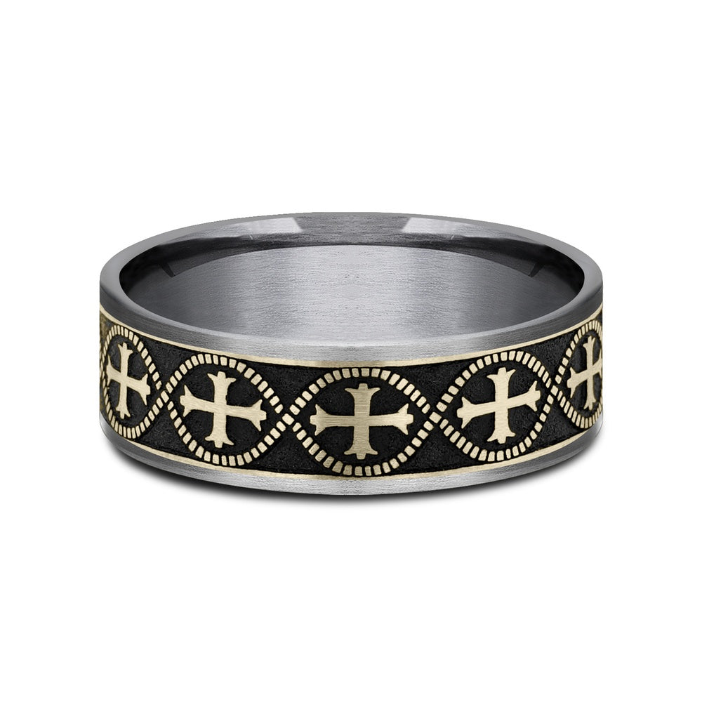 The Crusader Men's Wedding Band in Grey Tantalum and 14K Yellow Gold - 7.5mm Width by Ammara Stone