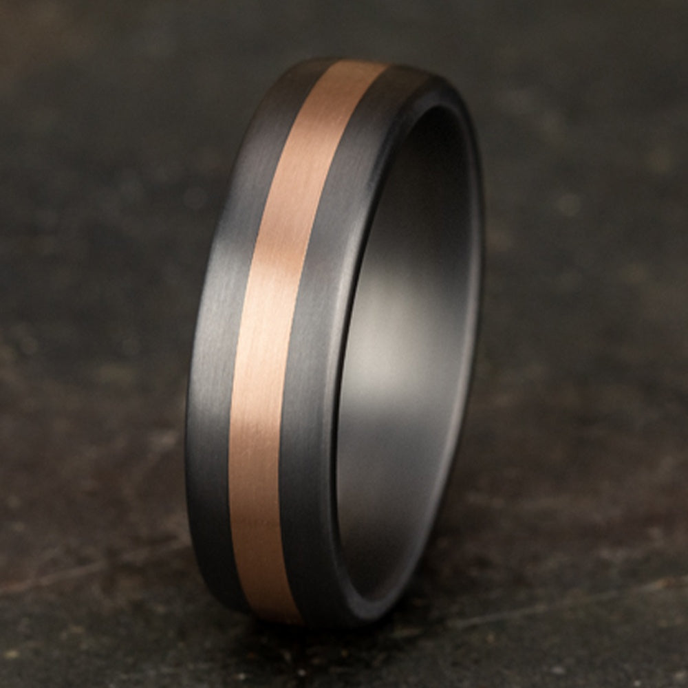 The Defender Men's Wedding Band in Grey Tantalum and 14K Rose Gold - 6.5mm, by Ammara Stone