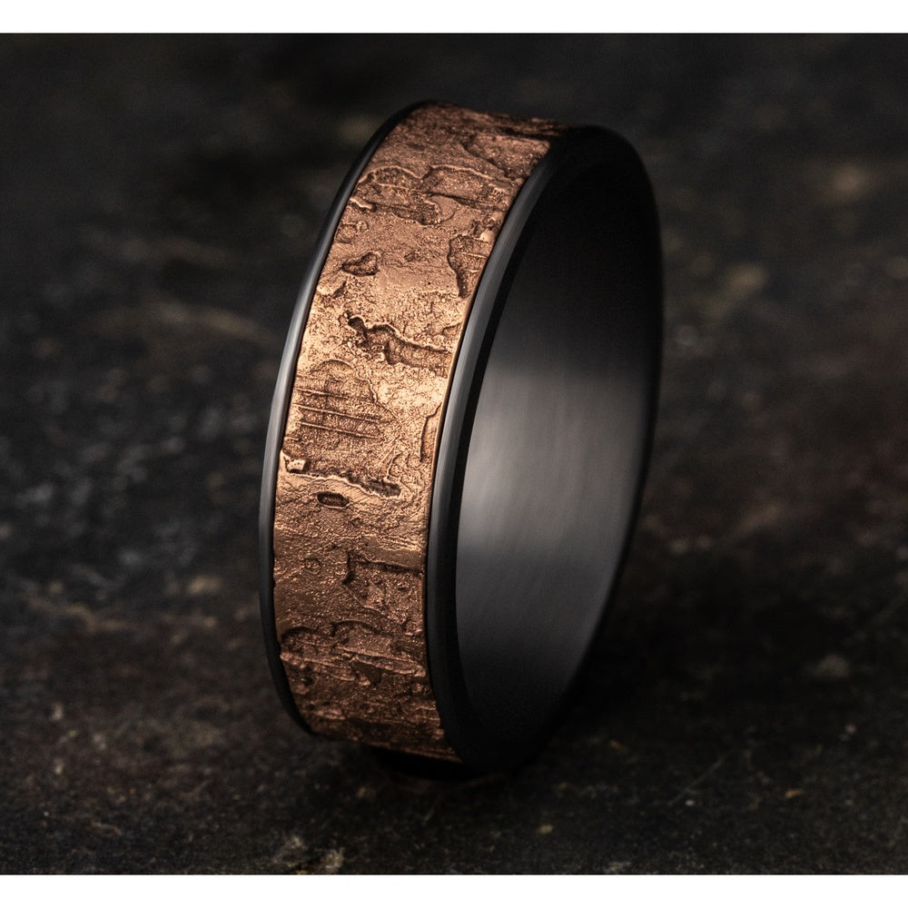 The Demo Men's Wedding Band in Grey Tantalum and 14K Rose Gold - 7.5mm Width by Ammara Stone