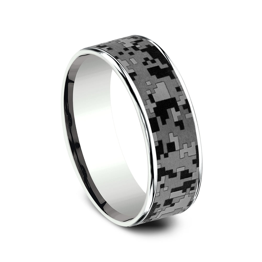 The Digital Camo Men's Wedding Band in 14K White Gold and Grey Tantalum - 7.5mm Width by Brook and Branch