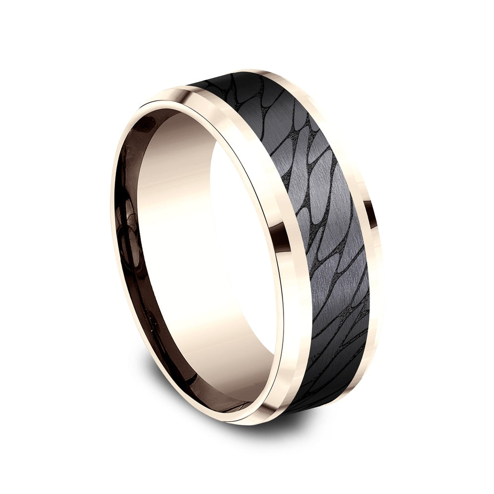 The Dino Men's Wedding Band in 14K Rose Gold and Black Titanium - 8mm Width by Ammara Stone