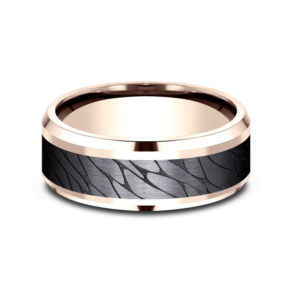 The Dino Men's Wedding Band in 14K Rose Gold and Black Titanium - 8mm Width by Ammara Stone