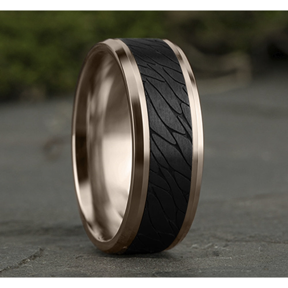 The Dino Men's Wedding Band in 14K Rose Gold and Black Titanium - 8mm Width by Ammara Stone