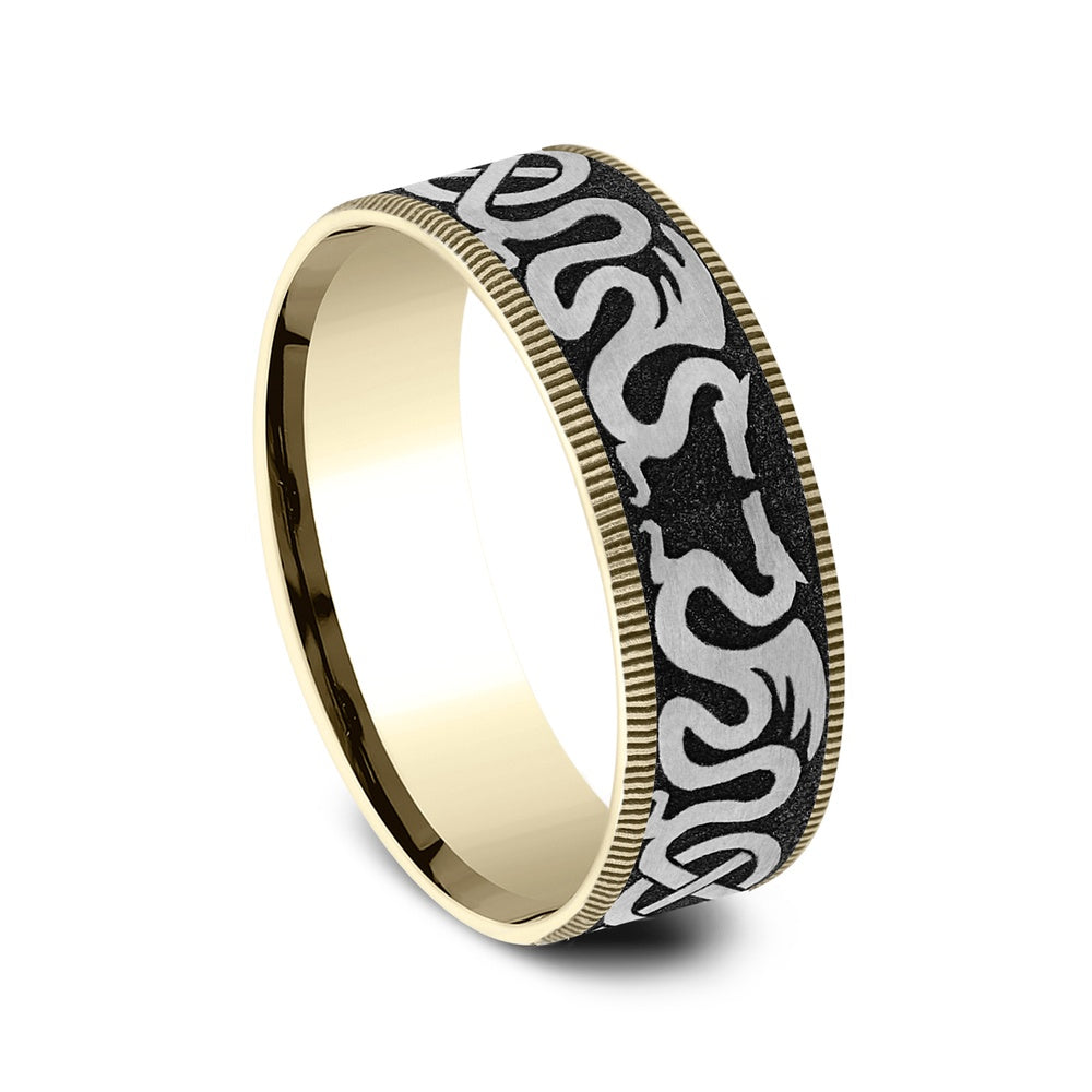 The Dragon Men's Wedding Band in 14K Yellow Gold and Grey-Black Titanium - 7.5mm Width by Ammara Stone