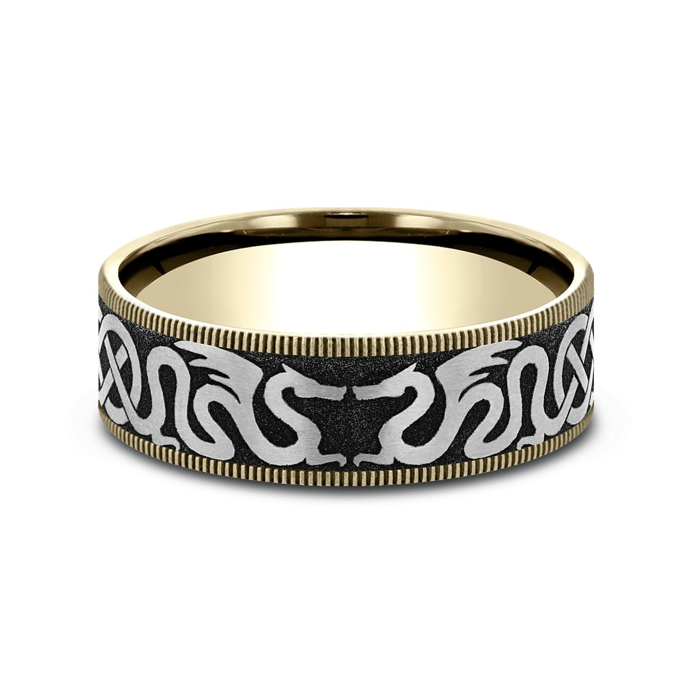 The Dragon Men's Wedding Band in 14K Yellow Gold and Grey-Black Titanium - 7.5mm Width by Ammara Stone