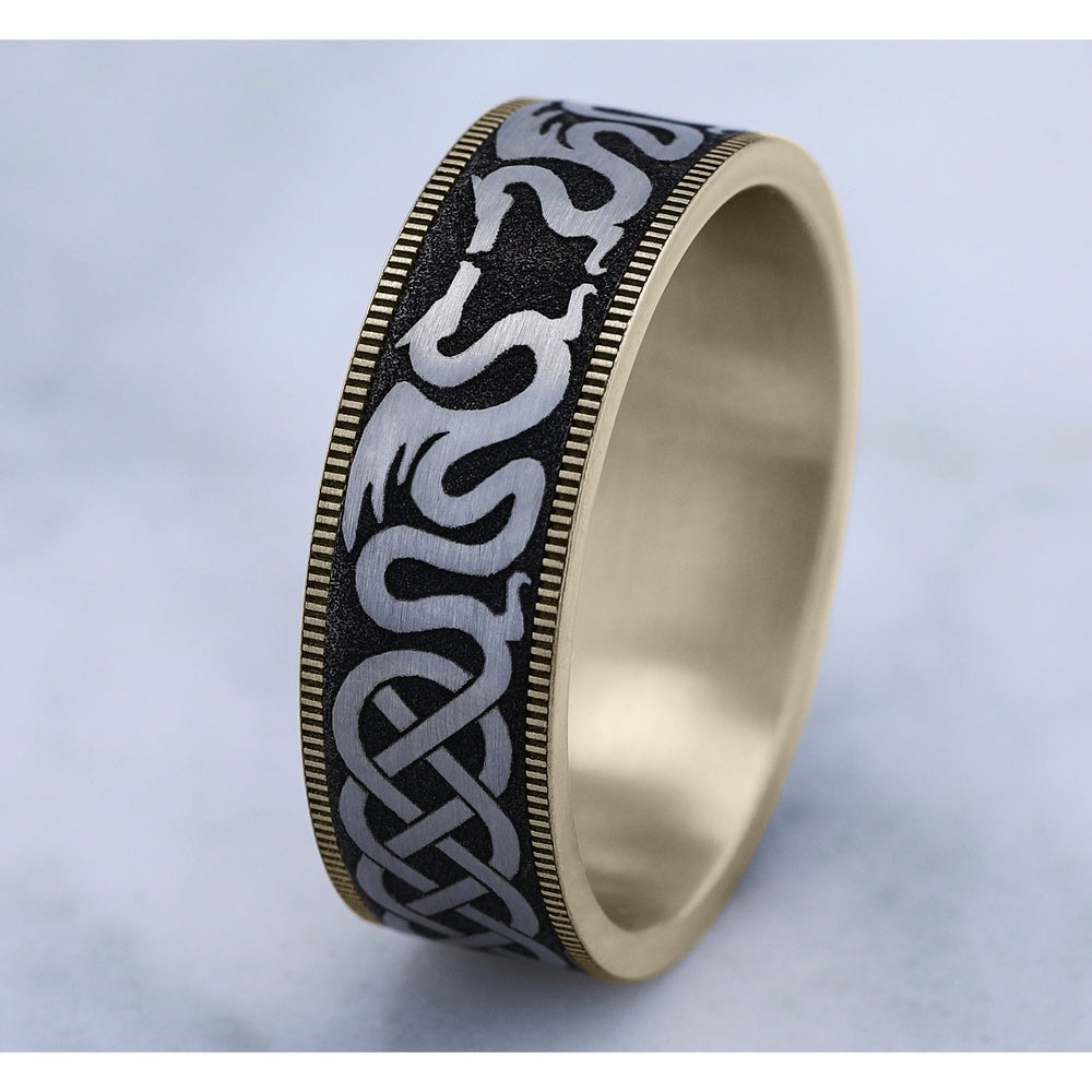 The Dragon Men's Wedding Band in 14K Yellow Gold and Grey-Black Titanium - 7.5mm Width by Ammara Stone