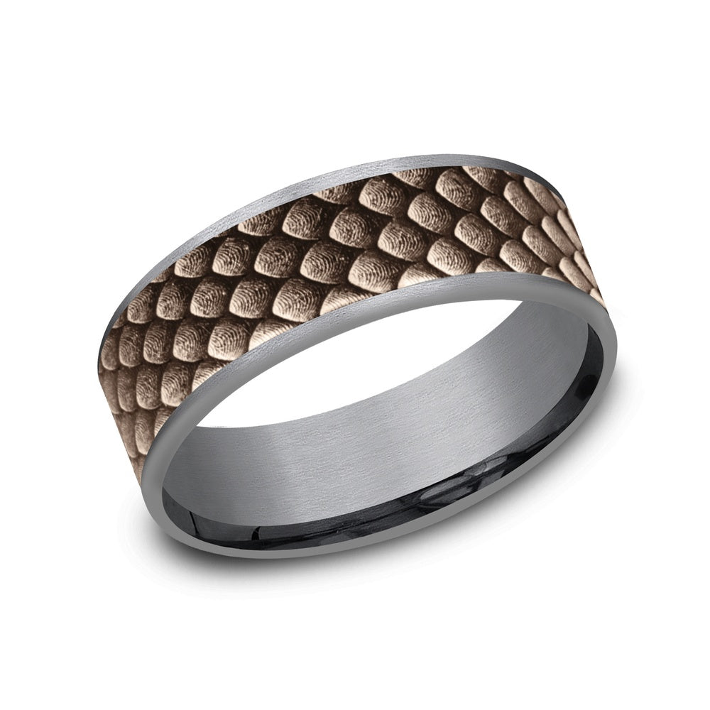 The Drogon Men's Wedding Band in Grey Tantalum and 14K Rose  Gold - 7.5mm Width by Ammara Stone