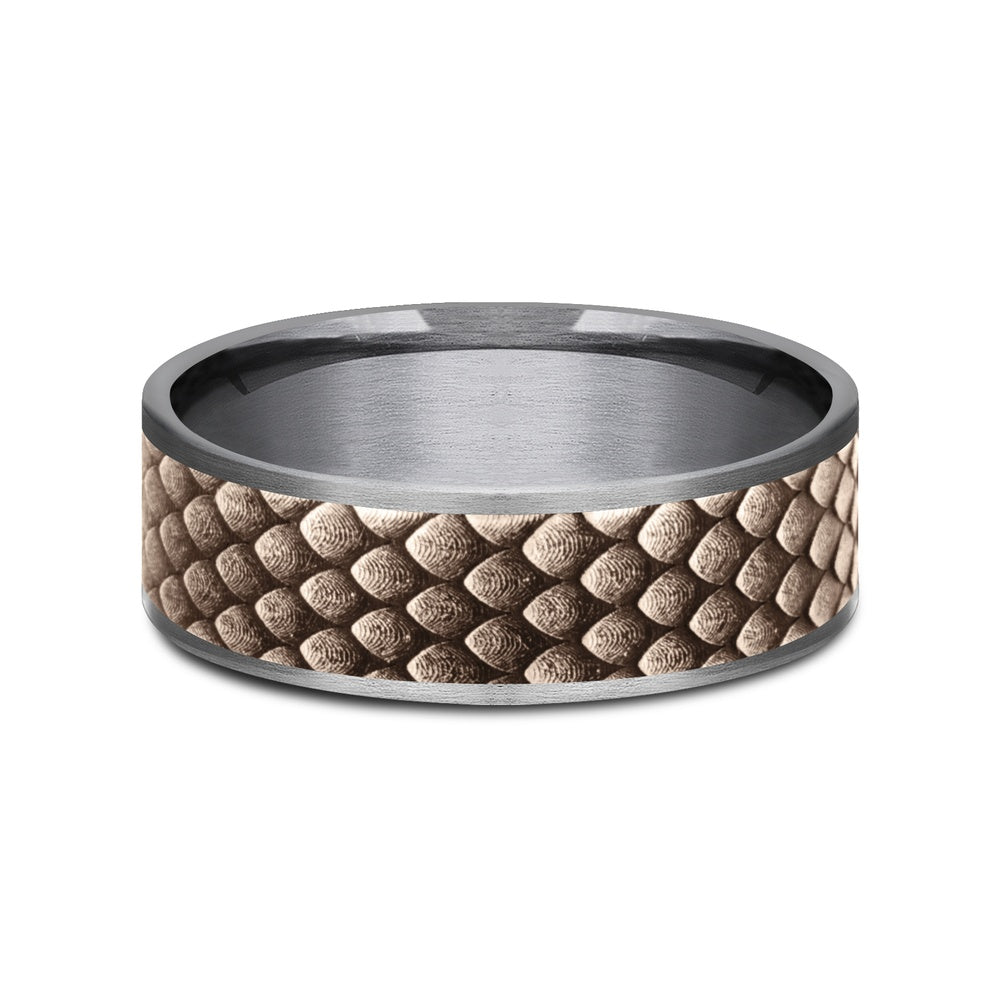 The Drogon Men's Wedding Band in Grey Tantalum and 14K Rose  Gold - 7.5mm Width by Ammara Stone