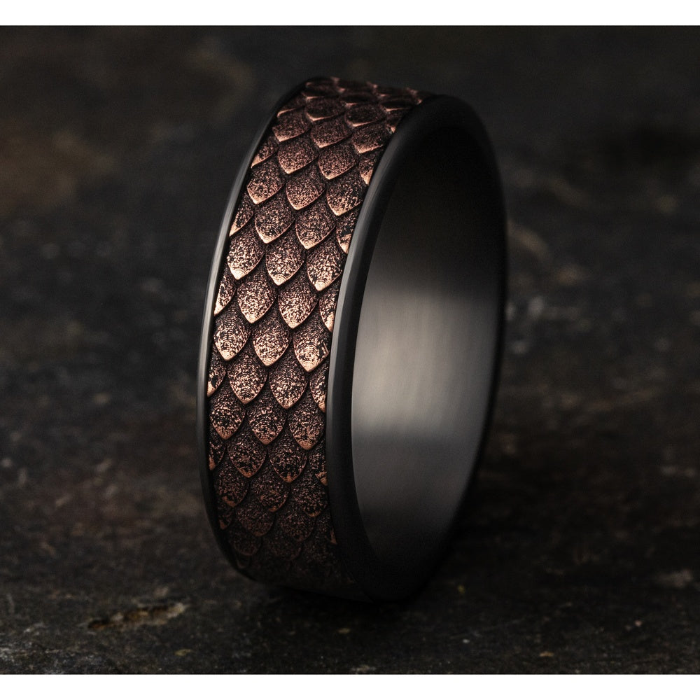 The Drogon Men's Wedding Band in Grey Tantalum and 14K Rose  Gold - 7.5mm Width by Ammara Stone