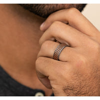 The Drogon Men's Wedding Band in Grey Tantalum and 14K Rose  Gold - 7.5mm Width by Ammara Stone