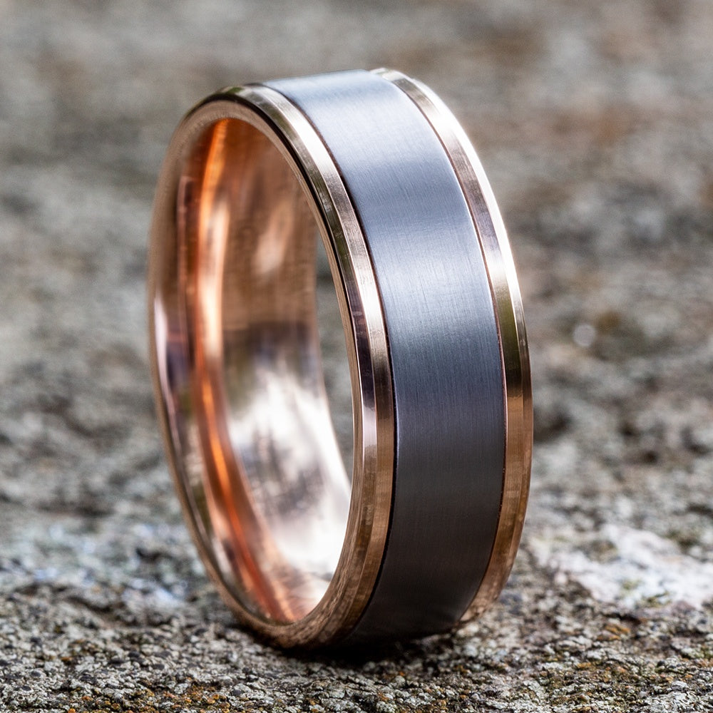 The Duke Men's Wedding Band in 14K Rose Gold and Grey Tantalum - 7mm Width by Ammara Stone