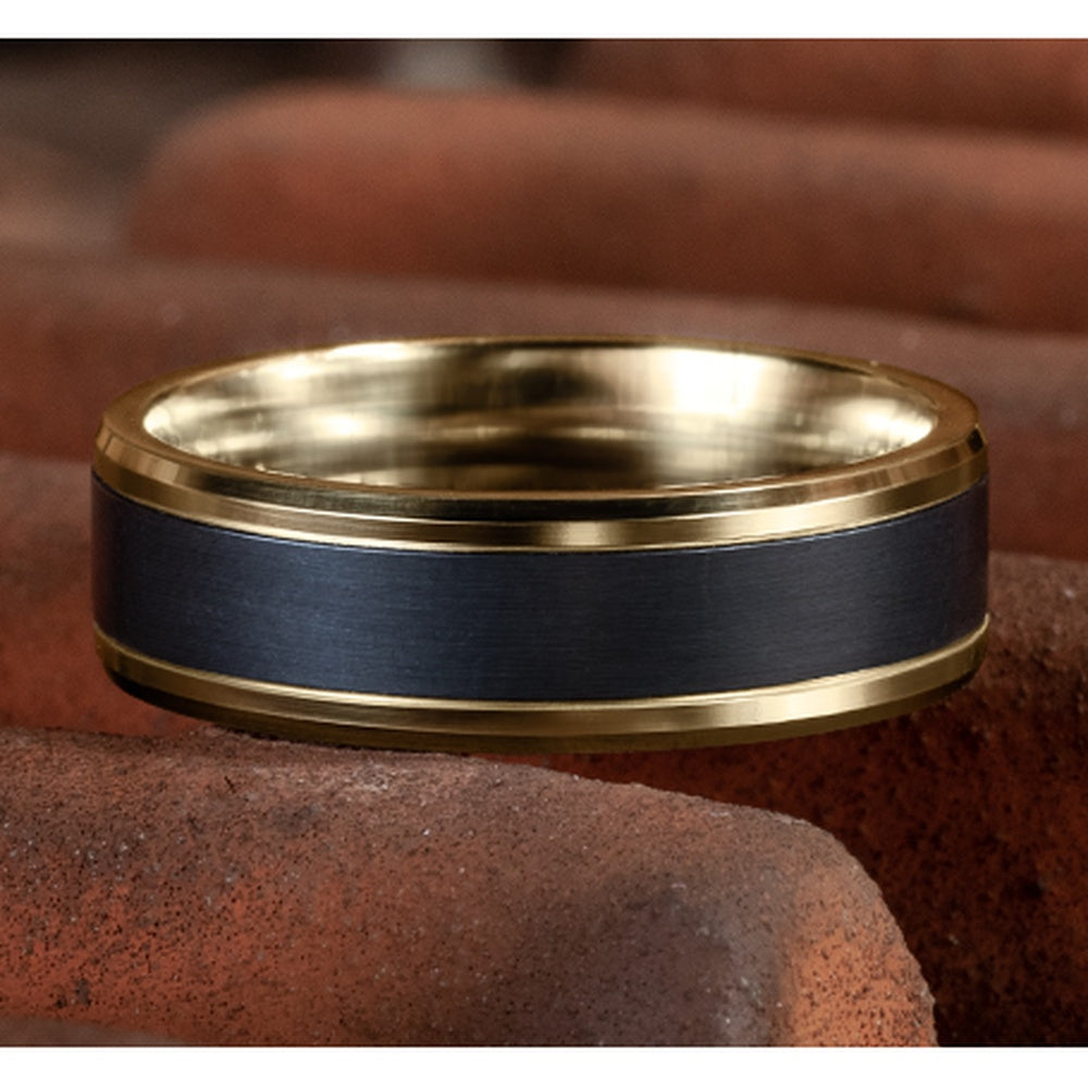 The Duke Men's Wedding Band in 14K Yellow Gold and Black Titanium - 7mm Width by Ammara Stone