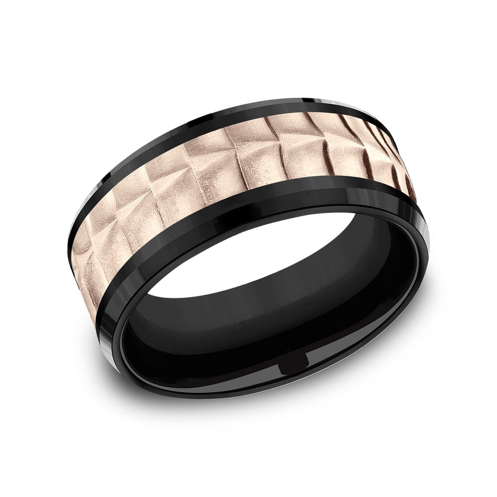 The Dundee Men's Wedding Band in Black Titanium and 14K Rose Gold - 9mm Width by Ammara Stone