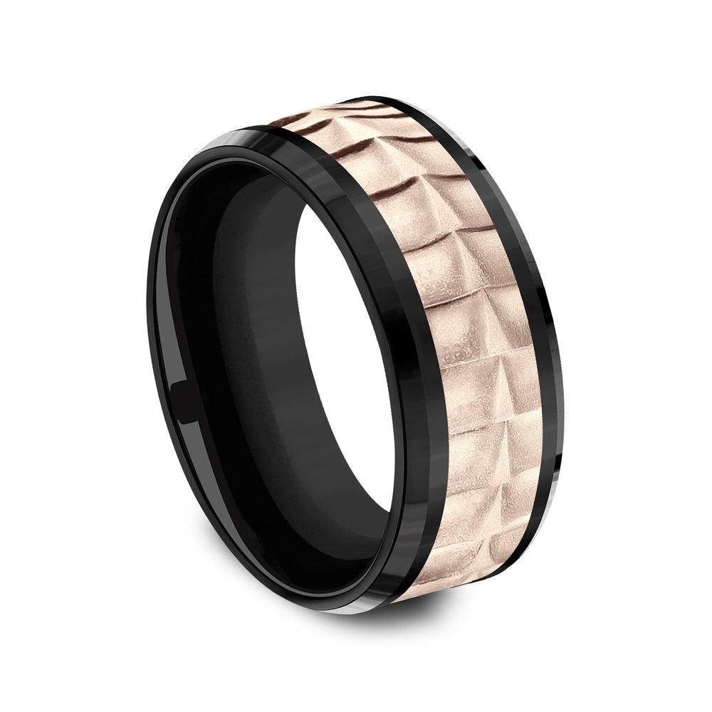 The Dundee Men's Wedding Band in Black Titanium and 14K Rose Gold - 9mm Width by Ammara Stone