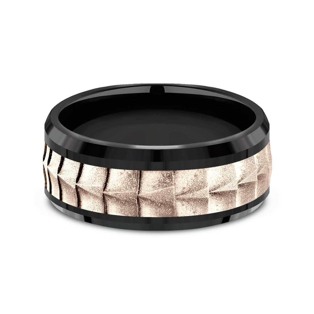 The Dundee Men's Wedding Band in Black Titanium and 14K Rose Gold - 9mm Width by Ammara Stone