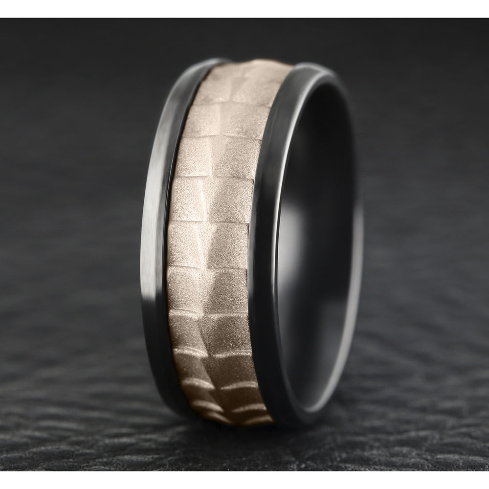 The Dundee Men's Wedding Band in Black Titanium and 14K Rose Gold - 9mm Width by Ammara Stone