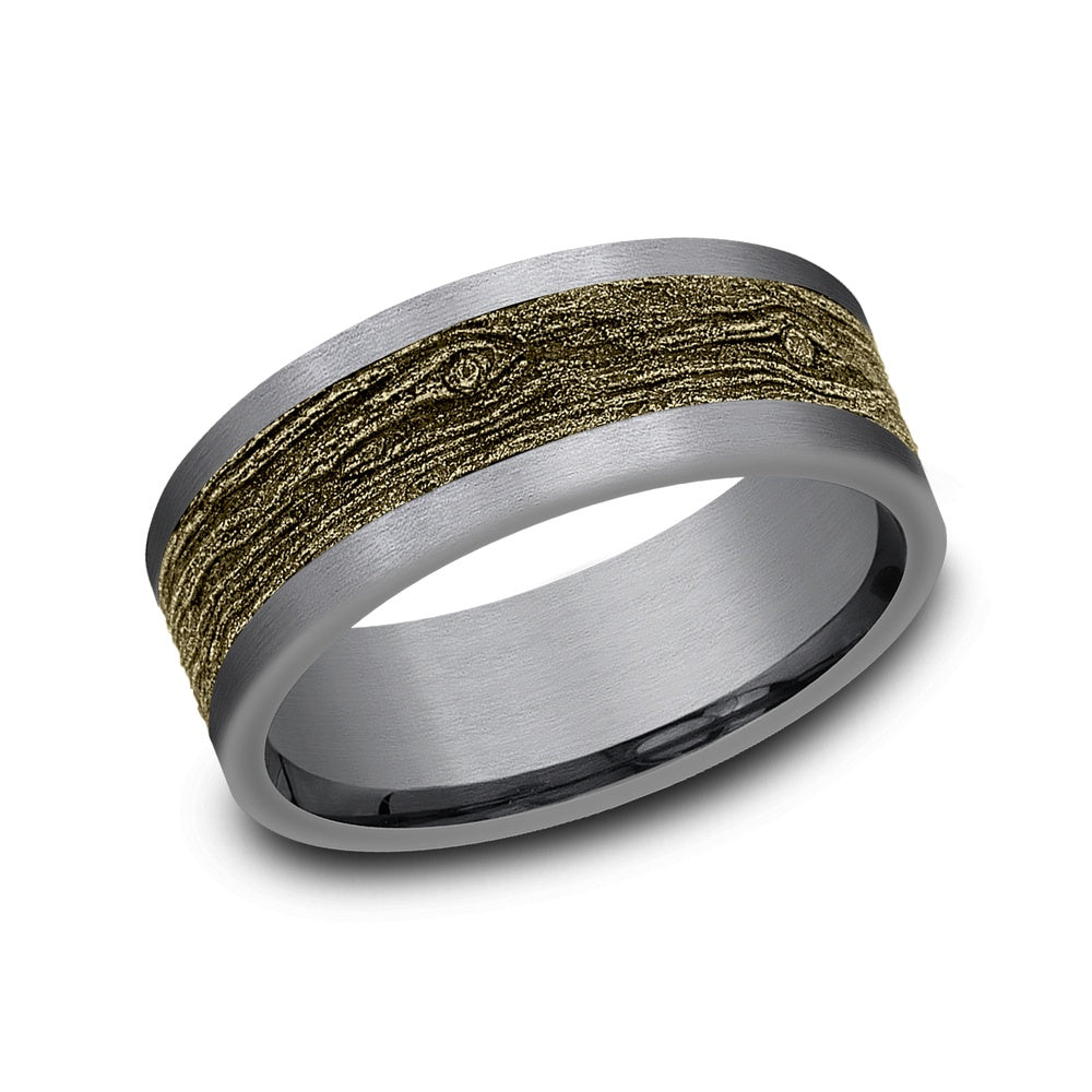 The Elm Men's Wedding Band in Grey Tantalum and 14K Yellow Gold - 8mm Width by Ammara Stone