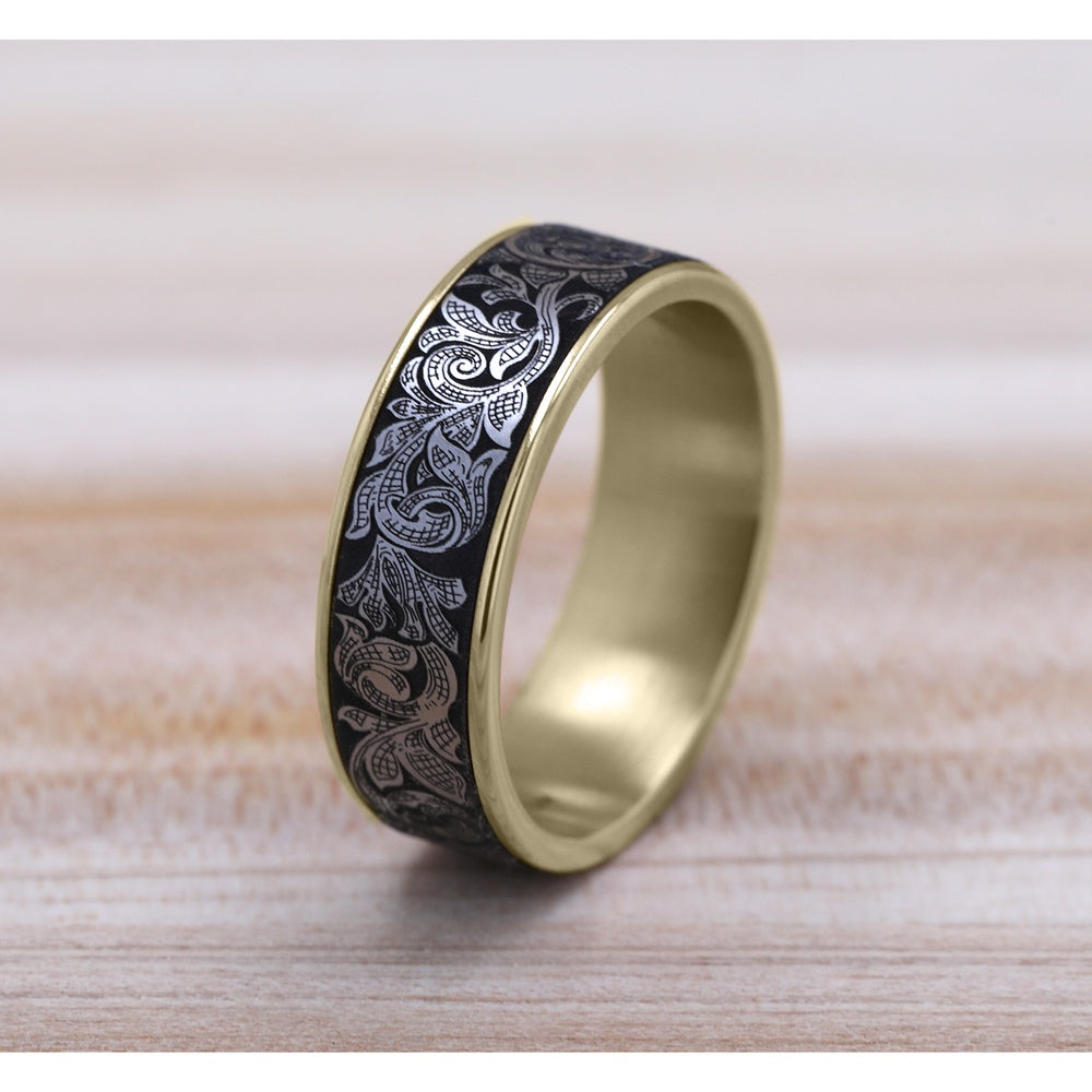 The Embassy Men's Wedding Band in 14K Yellow Gold and Grey Tantalum - 7.5mm Width by Ammara Stone