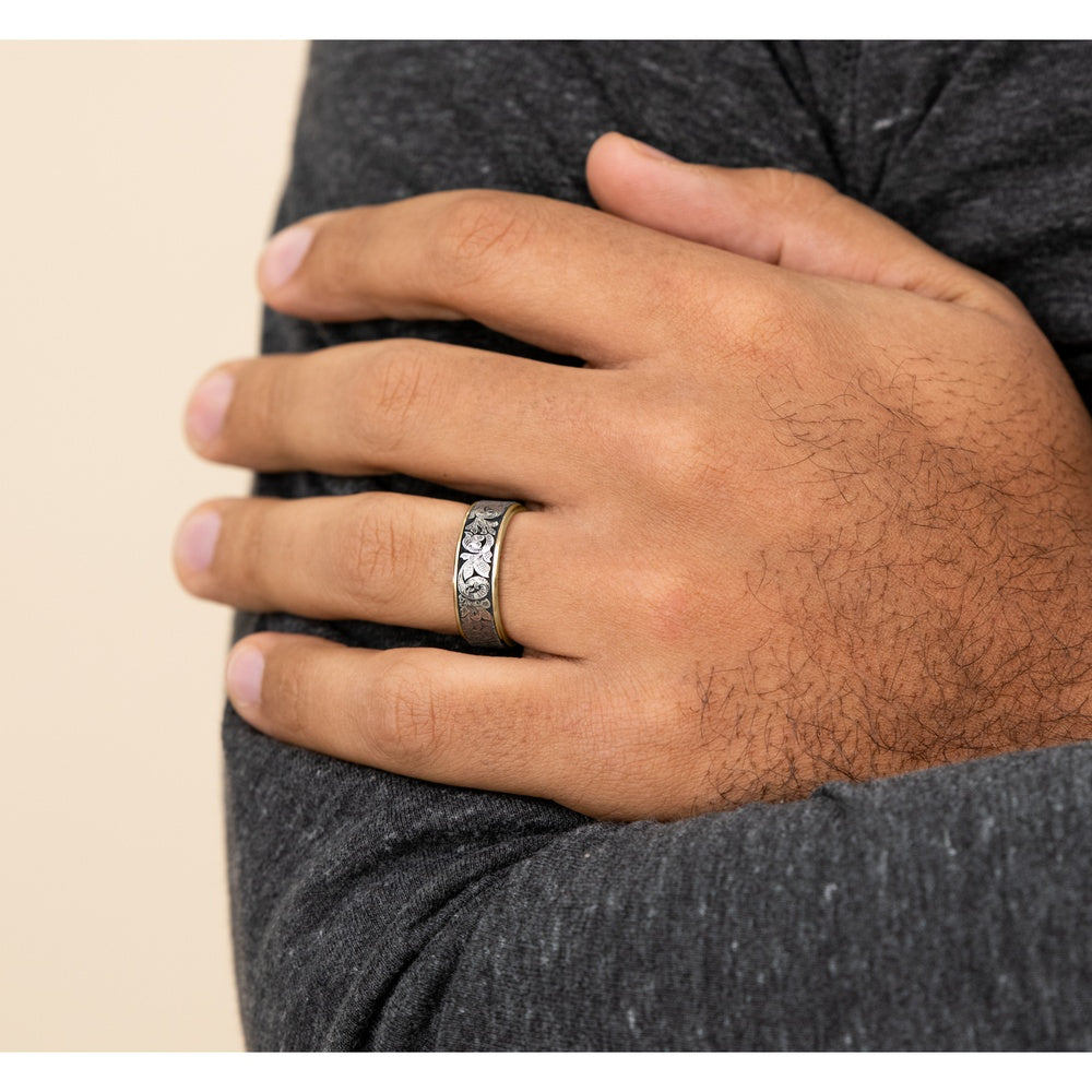 The Embassy Men's Wedding Band in 14K Yellow Gold and Grey Tantalum - 7.5mm Width by Ammara Stone