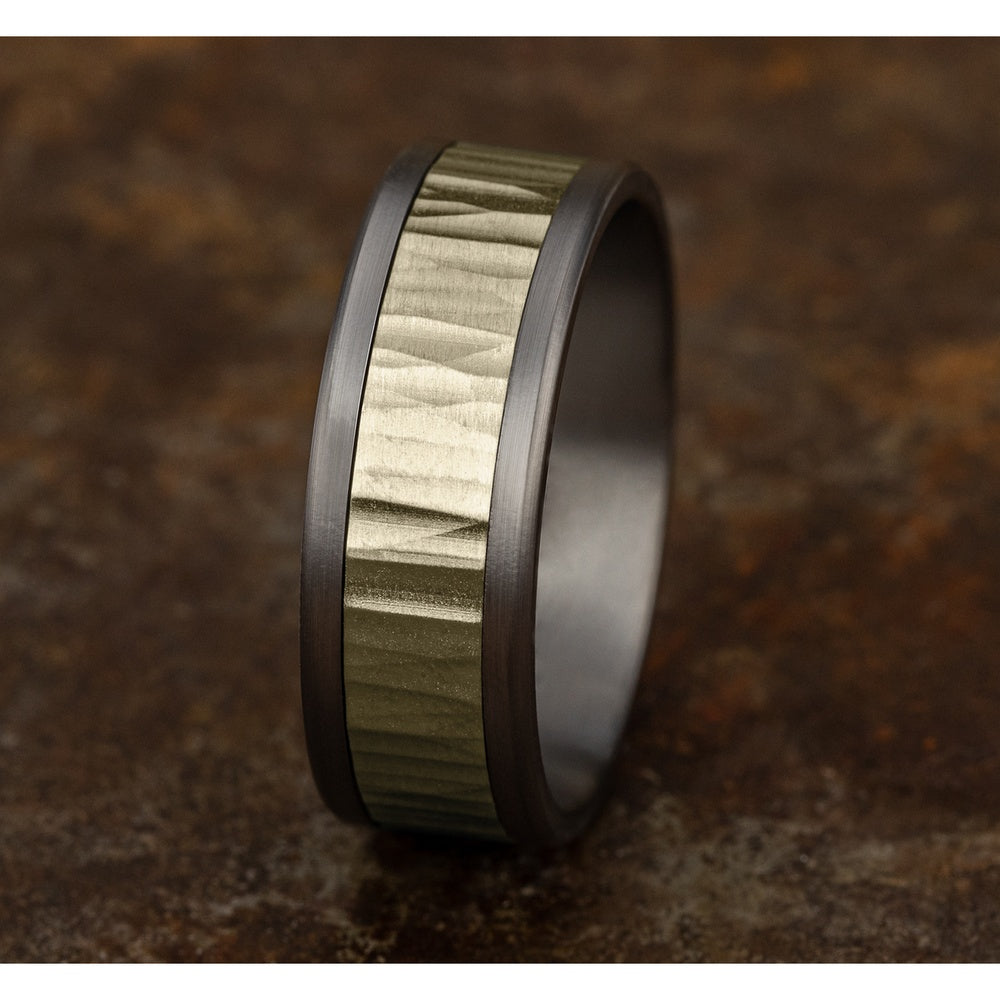 The Excavator Men's Wedding Band in Grey Tantalum and 14K Yellow Gold - 8mm Width by Ammara Stone