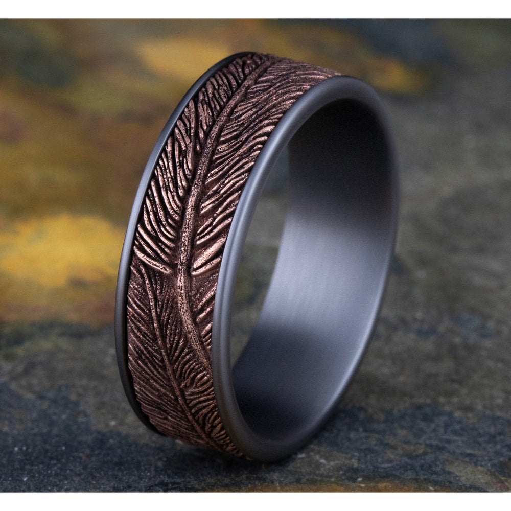 The Falcon Men's Wedding Band in Grey Tantalum and 14K Rose Gold - 7.5mm Width by Ammara Stone