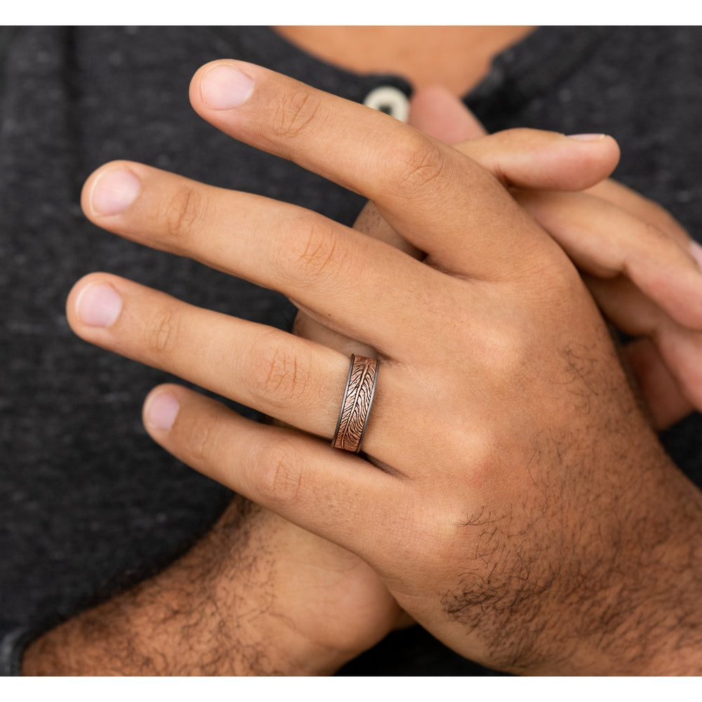 The Falcon Men's Wedding Band in Grey Tantalum and 14K Rose Gold - 7.5mm Width by Ammara Stone
