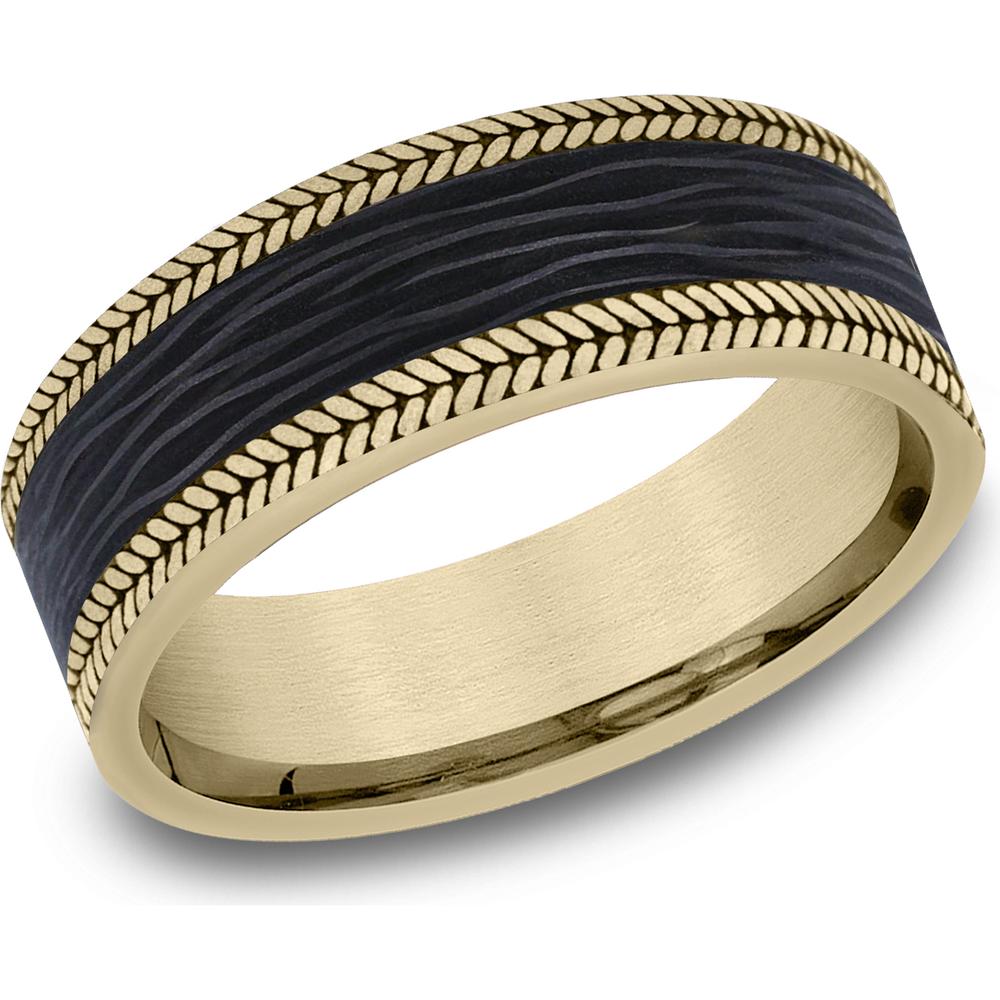 The Flare Men's Wedding Band in 14K Yellow Gold and Forged Carbon Fiber - 7mm Width by Ammara Stone