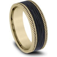 The Flare Men's Wedding Band in 14K Yellow Gold and Forged Carbon Fiber - 7mm Width by Ammara Stone