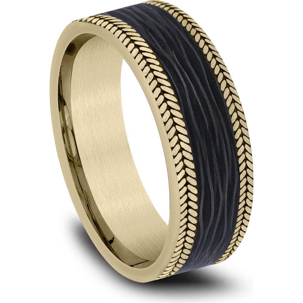 The Flare Men's Wedding Band in 14K Yellow Gold and Forged Carbon Fiber - 7mm Width by Ammara Stone