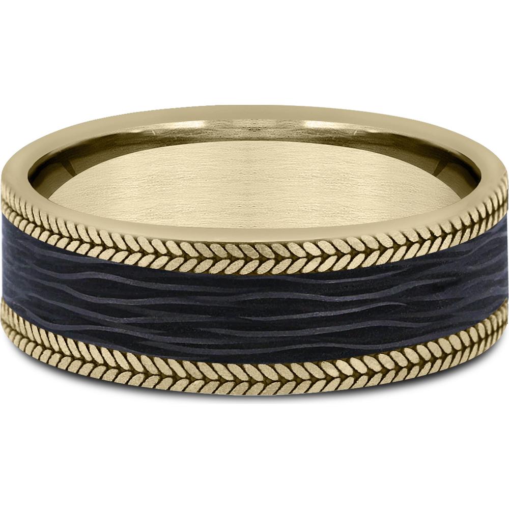 The Flare Men's Wedding Band in 14K Yellow Gold and Forged Carbon Fiber - 7mm Width by Ammara Stone