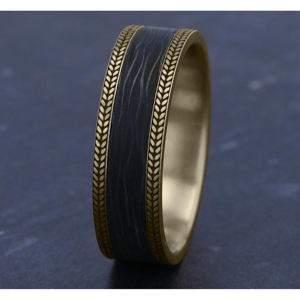 The Flare Men's Wedding Band in 14K Yellow Gold and Forged Carbon Fiber - 7mm Width by Ammara Stone
