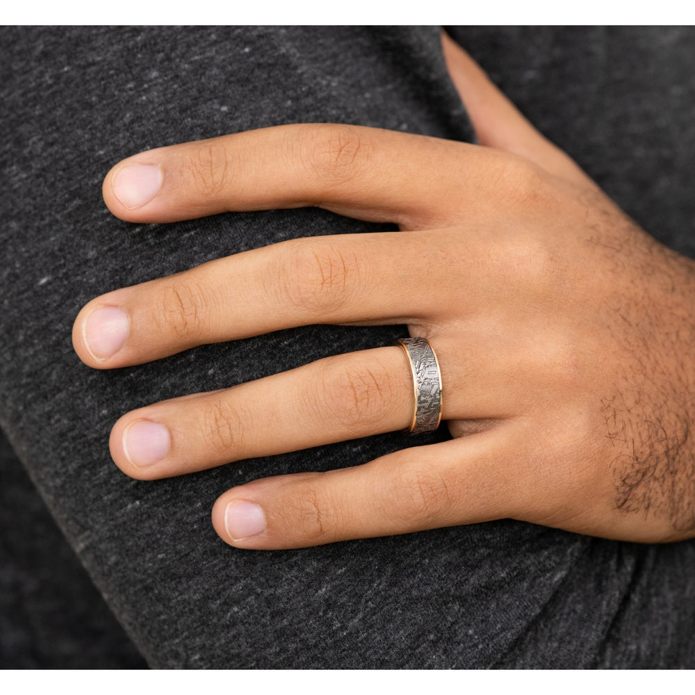 The Gibeon Men's Wedding Band in 14K Yellow Gold and Grey Tantalum - 7.5mm Width by Ammara Stone